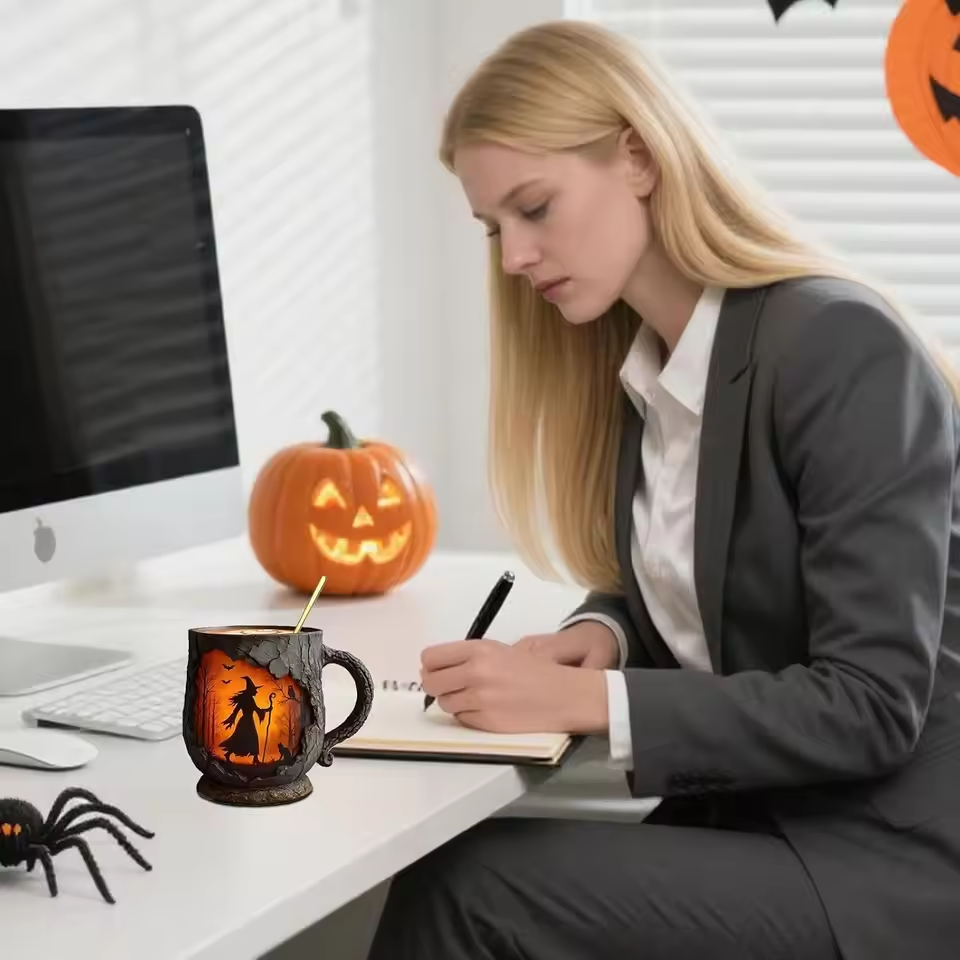 Handcrafted 3D Halloween Mug – Witch and Cat Design